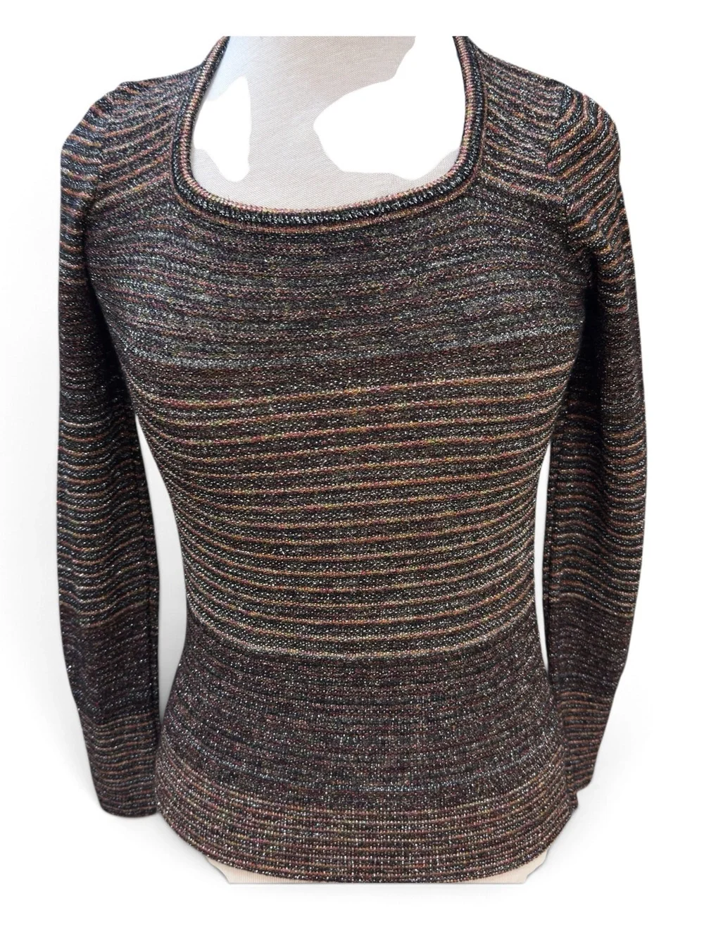 Vintage Liz Potter Keneth Knits Metallic Stripe Sweater Top Square Neck